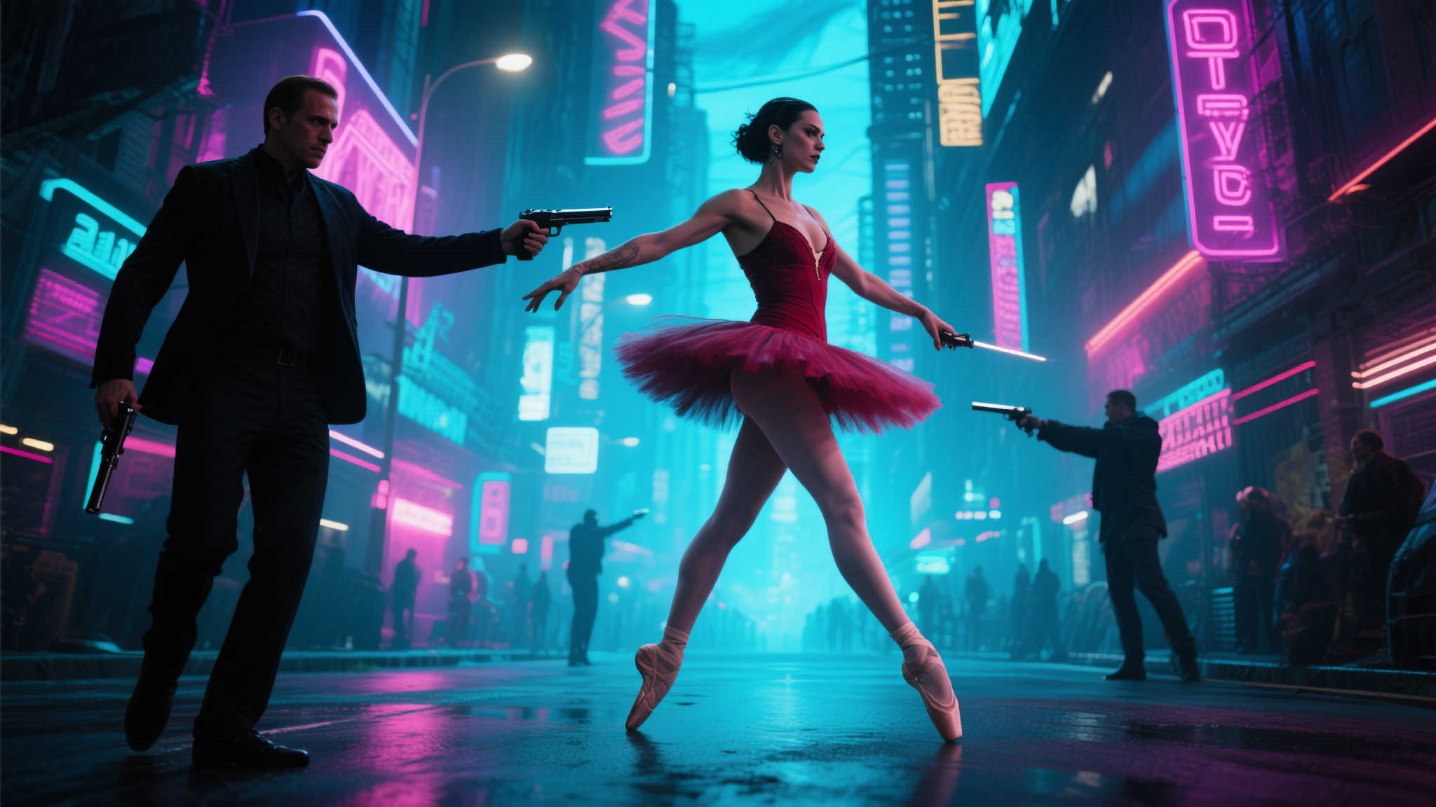 预告片中，芭蕾杀姬在一个充满霓虹灯光的城